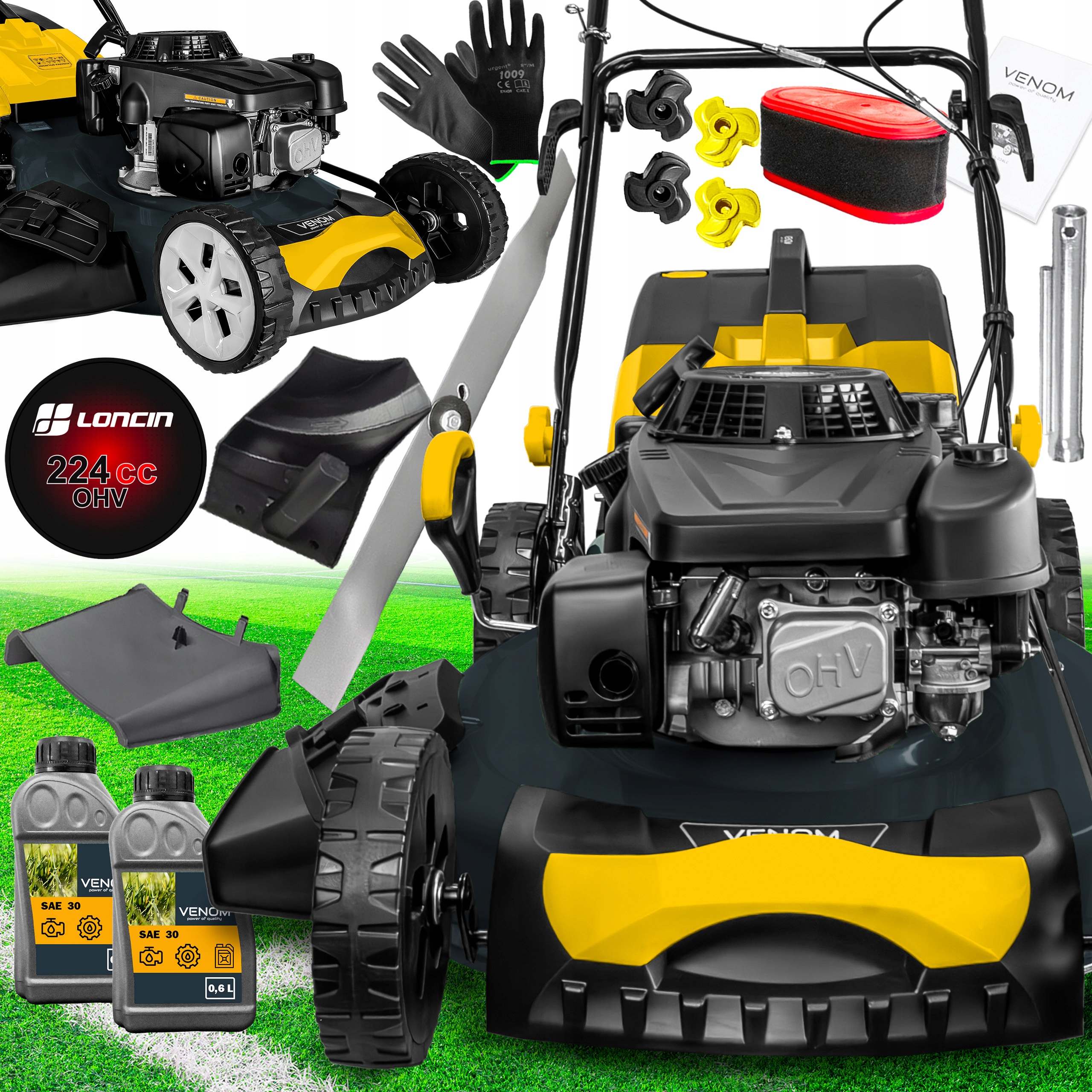 VÝKONNÁ BENZÍNOVÁ KOSAČKA NA TRÁVU VENOM 9 V 1, MOTOR LONCIN 224 ccm, POHON, VEĽKÝ, 56 cm, Olej